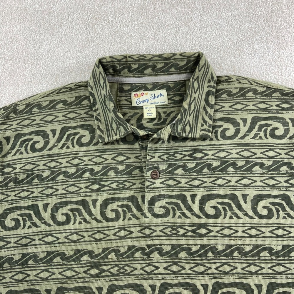 Crazy Shirts Polo Mens XL Green Tribal Wave Geometric Print Short Sleeve Shirt